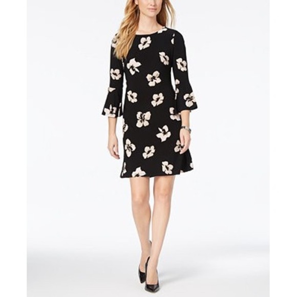 Tommy Hilfiger Dresses & Skirts - Tommy Hilfiger Black Floral 3/4 Bell Sleeve Knee Length Dress‎ Size 2